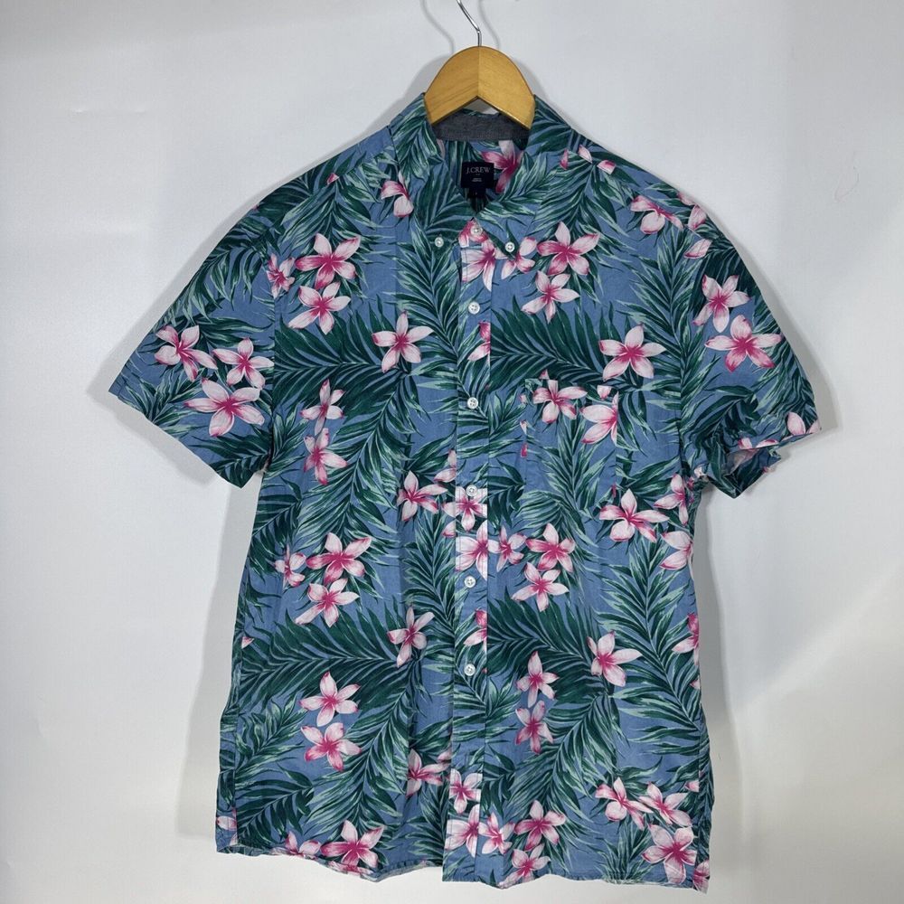 J Crew Men Large Blue Tropical Floral Palm Short Sleeve Button Down Shirt Cotton